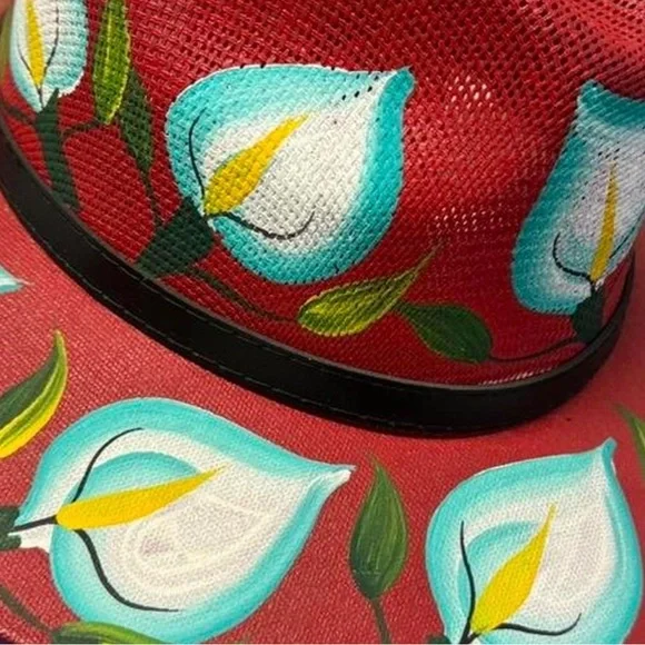 Hand-Painted Oaxaca Artisan Fedora – Red with Pale Turquoise Calla Lily Design